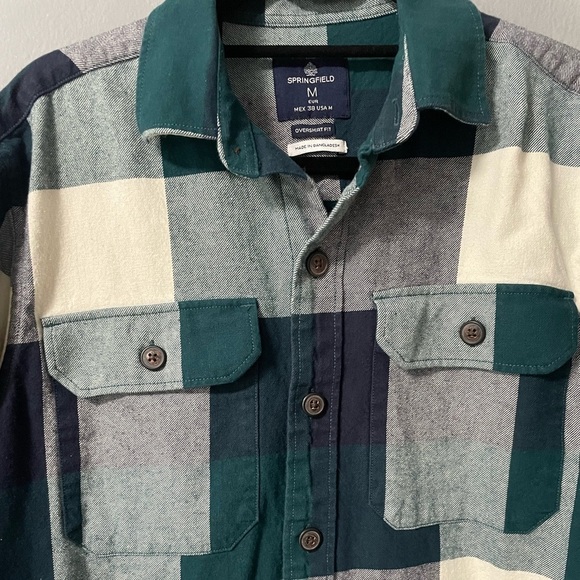 Springfield Men’s flannel cotton plaid button down shirt in green. Size Medium - Picture 3 of 8